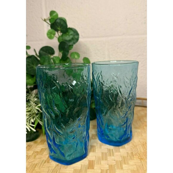 VTG Lido Milano Aquamarine Juice Glasses, Retro Cool Crinkle Ocean Blue Set of 2 - Picture 1 of 6